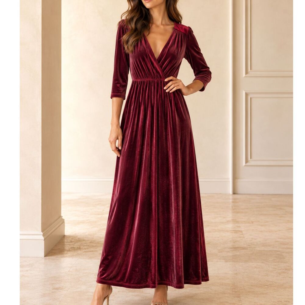 Baltic Born Velvet Maxi Dress M Deep V Burgandy Romantic Wedding Guest Holiday